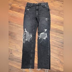 Hudson Holly Straight Jeans $195 Washed Black Distressed Raw Hem Ripped Knee 27